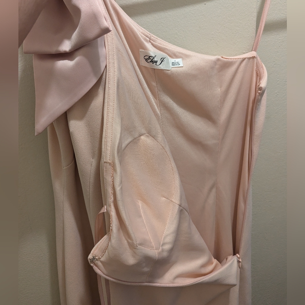 Eliza J One-Shoulder Satin Bow Blush Pink Evening Formal Dress Maxi Gown- 12 - Picture 10 of 16